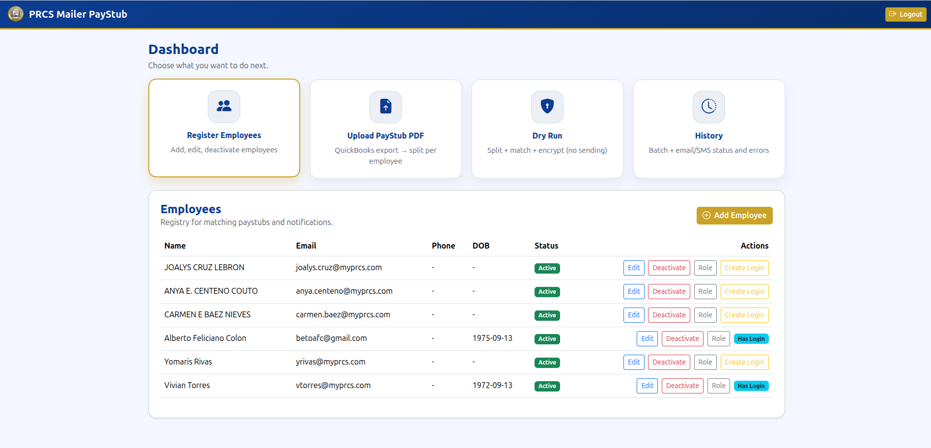 Dashboard principal de Paystub Mailer